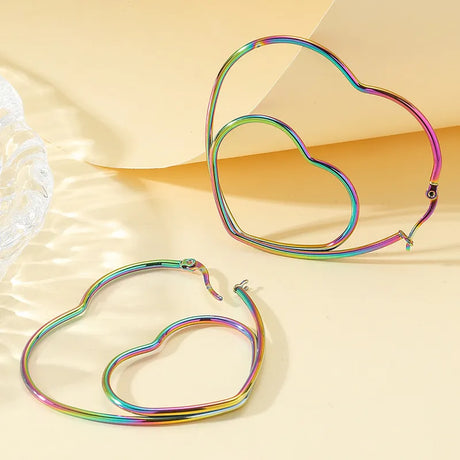 Double Heart Exaggerated  Rainbow Stainless Steel Hoops