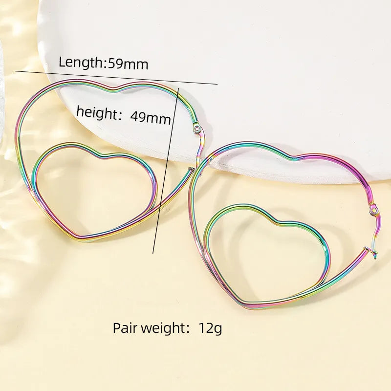 Exaggerated Double Heart Rainbow Stainless Steel Hoops