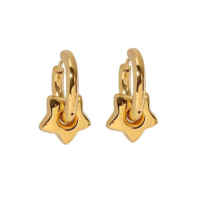 Retro Star or Moon Hoops 18KT Gold Plated Titanium Steel Earrings