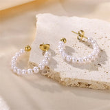 Stainless Steel 18KT Gold  Plated Pearl Hoops