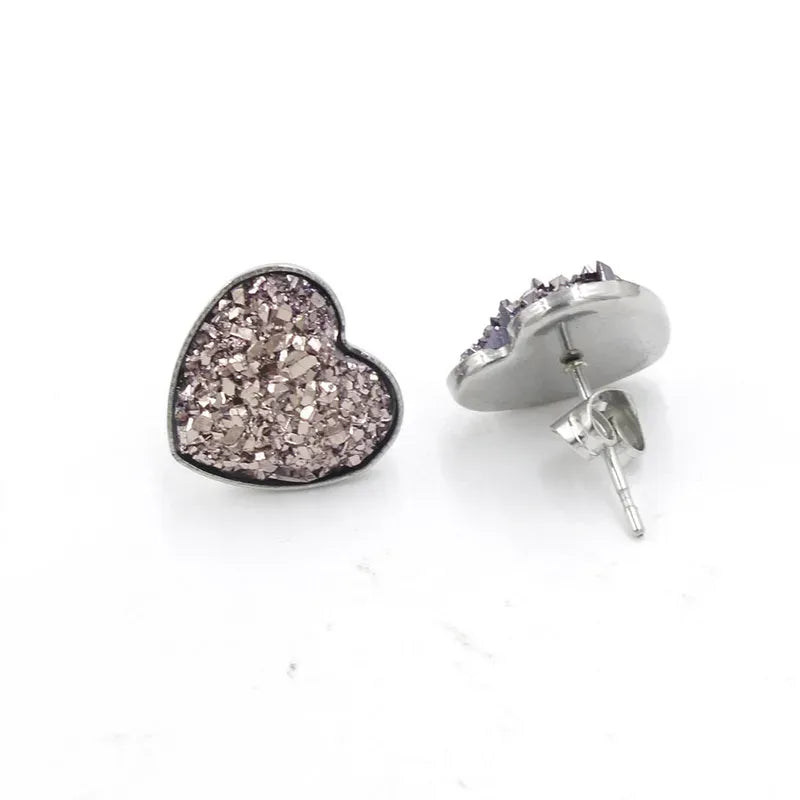 Heart Shaped Frosted  Starry Druzy Stainless Steel Earrings