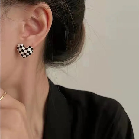 Checkerboard Black & White  Heart Shaped  Stainless Steel Earrings