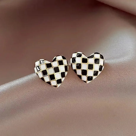 Checkerboard Black & White  Heart Shaped  Stainless Steel Earrings