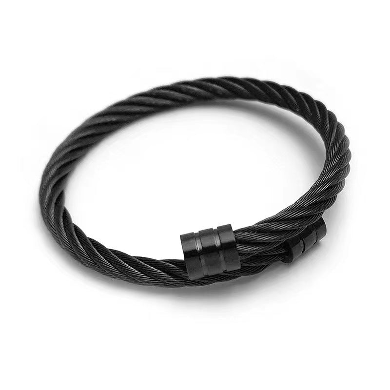 Black Stainless Steel Adjustable Rope Wrap Bangle