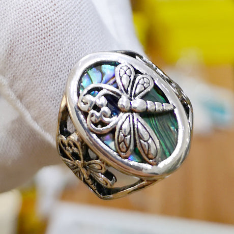Abalone Shell antique silver Signet Dragonfly Ring