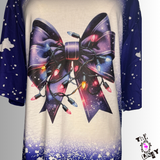 Dark Purple Holiday Lights Bow Short Sleeve Shirt