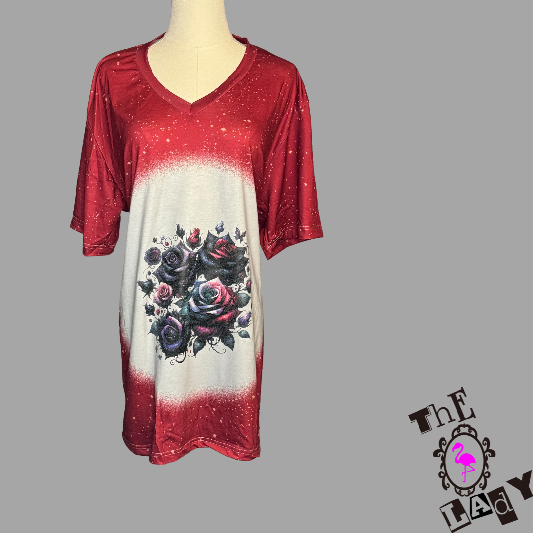 V-Neck Wine and Gray Gothic Floral Tee Shirt