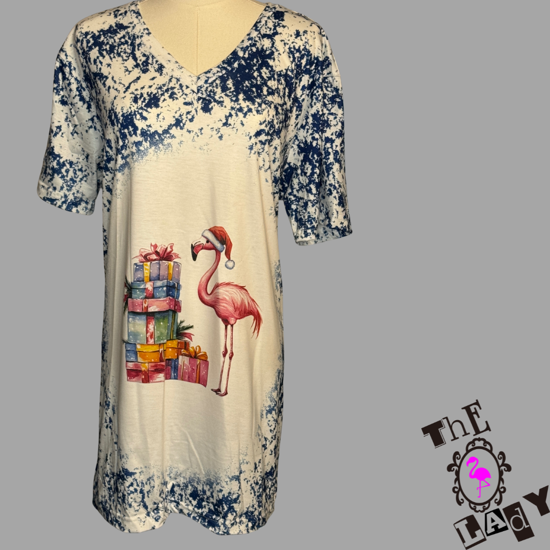 V-Neck Blue and White Holiday Flamingo Tee