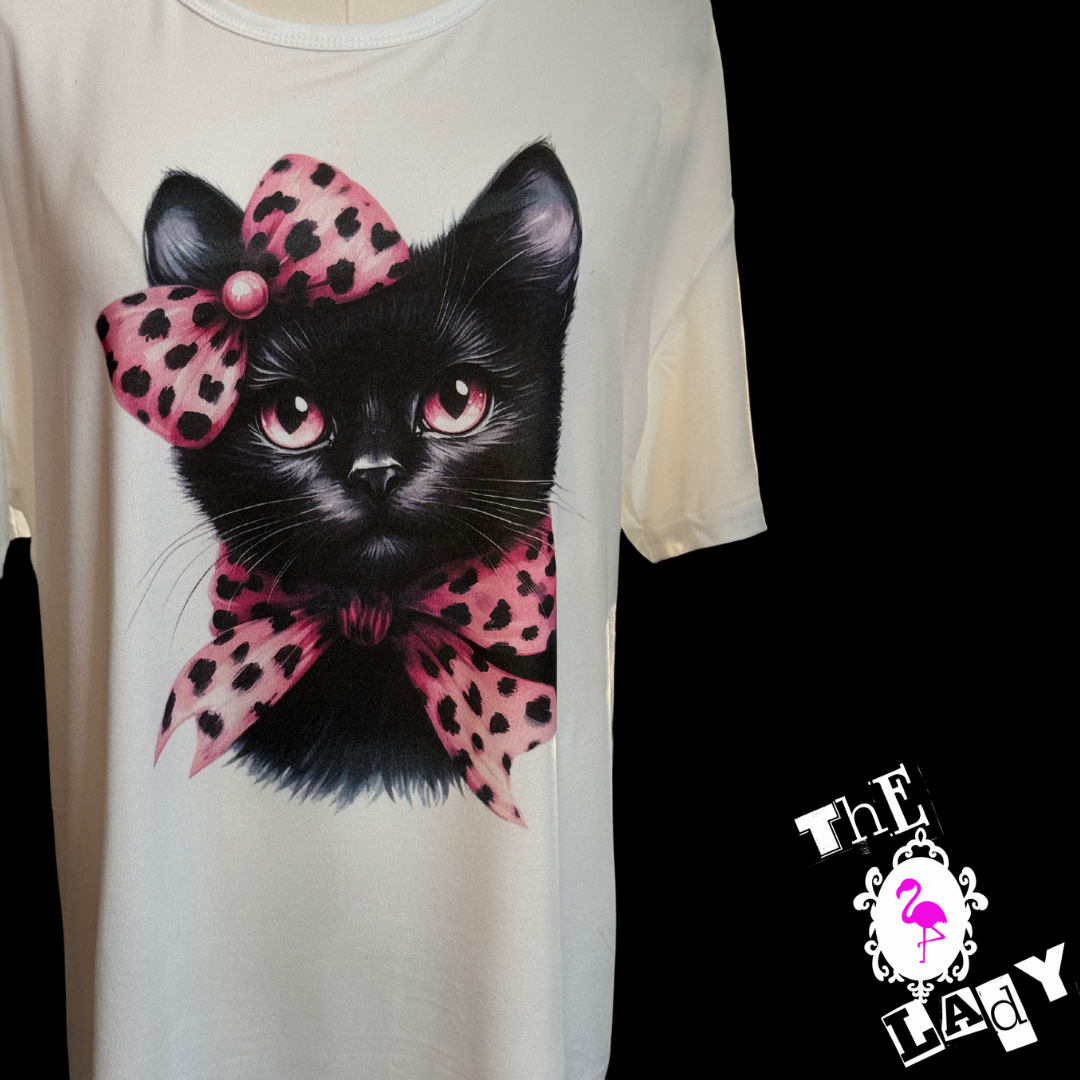 Fancy Bow Cat T-Shirt on Pink Short Sleeve XXL