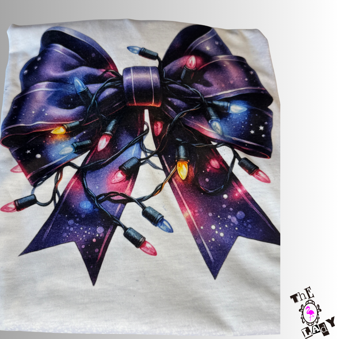 Dark Purple Holiday Lights Bow Short Sleeve Shirt