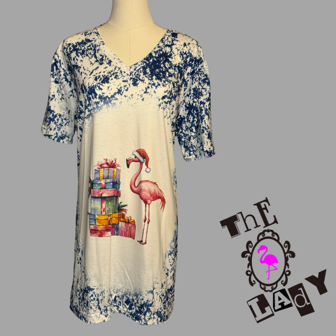 V-Neck Blue and White Holiday Flamingo Tee