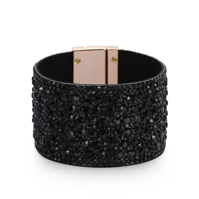 Black  Crystal  Vegan Leather Magnetic Bracelet