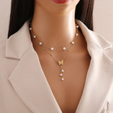 18KT Gold Plated  Double layered Butterfly & Pearl Necklace