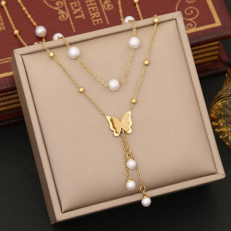 18KT Gold Plated  Double layered Butterfly & Pearl Necklace