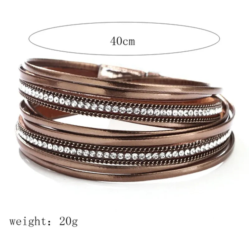 Metallic Vegan Leather Double layer Magnetic Bracelet with stones