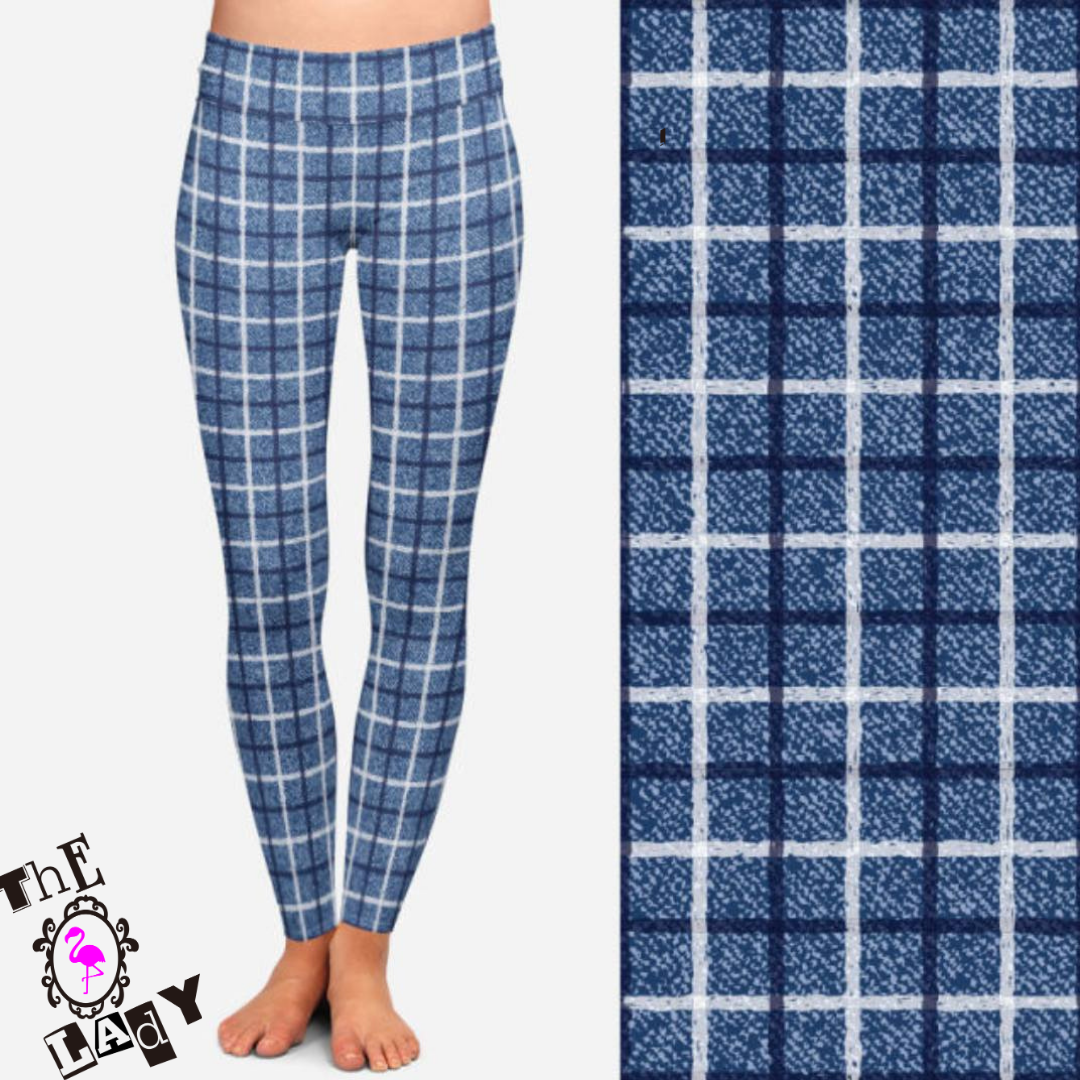 Plaid Blues Full Length Leggings With Free set of Lux Supreme Nails