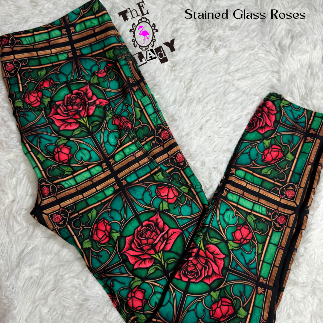 Stained Glass Roses Full Length Leggings With Free set of Lux Supreme Nails