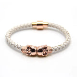 Leather & Rose Gold Skull Bracelet With Magnetic Clasp
