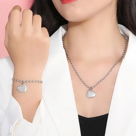 Two Piece Stainless Steel Round Bead Heart Set Bracelet & Necklace