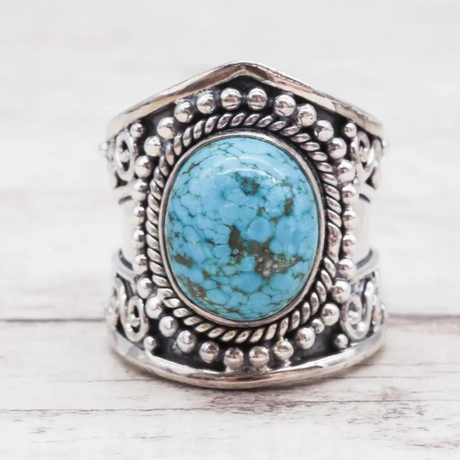 Stainless Steel Round Turquoise Ring in Silver Size 7